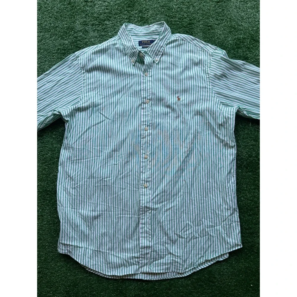 Polo Ralph Lauren Mens‎ XL Green White Striped Short Sleeve Button Down Shirt